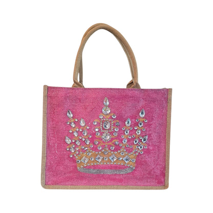 gold crown tote bag, metallic pink tote bag, queen tote bag, princess tote bag, beaded crown jute bag, eco-friendly tote