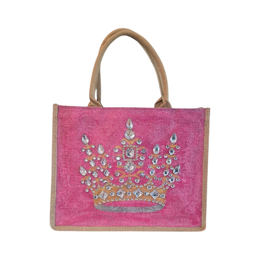 gold crown tote bag, metallic pink tote bag, queen tote bag, princess tote bag, beaded crown jute bag, eco-friendly tote