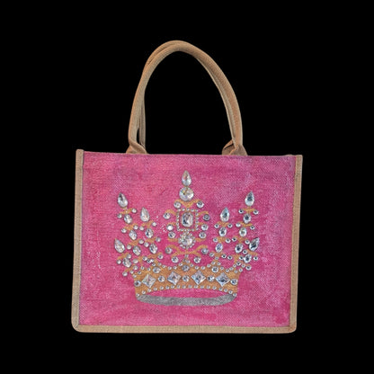 gold crown tote bag, metallic pink tote bag, queen tote bag, princess tote bag, beaded crown jute bag, eco-friendly tote