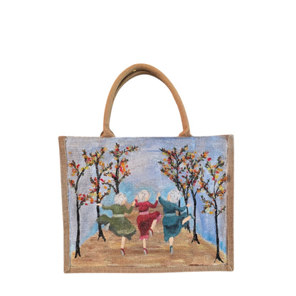 dancing ladies tote bag, multicolored tote bag, hand painted beaded dance jute bag, eco-friendly market tote