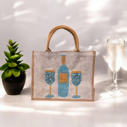 wine tote bag, beaded wine bottle tote, turquoise and gold wine tote, eco-friendly wine market bag, off white tote bag