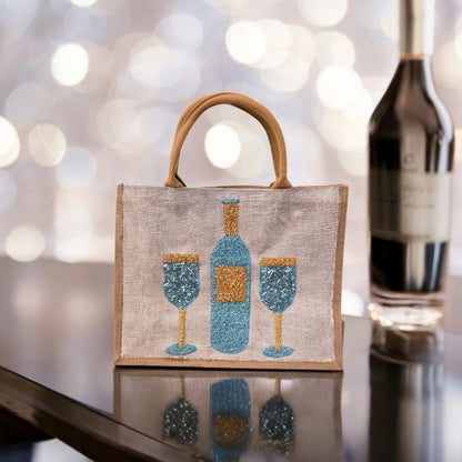 wine tote bag, beaded wine bottle tote, turquoise and gold wine tote, eco-friendly wine market bag, off white tote bag