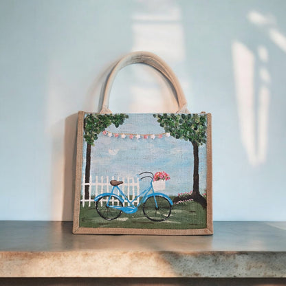 bicycle tote bag, blue tote bag, hand painted beaded bike jute bag, eco-friendly bicycle market bag