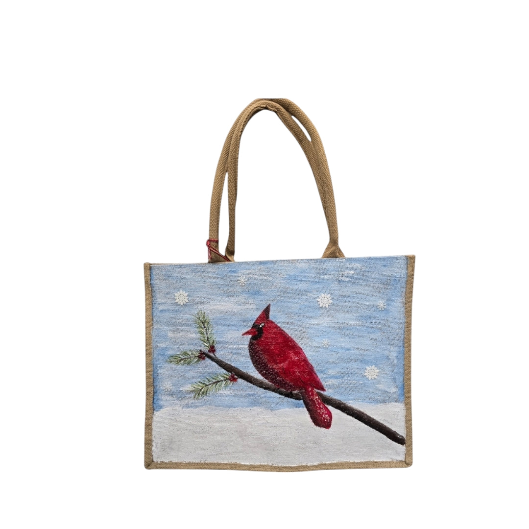 Cardinal-Tote-Bag, Hand-Painted-Bird-with-Beads-and-Snowflake-Charms, Artistic-Design