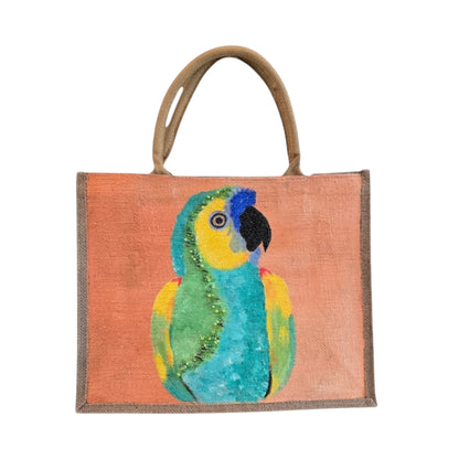 parrot on orange tote bag, tropical parrot tote, hand painted parrot jute bag, eco-friendly bird tote