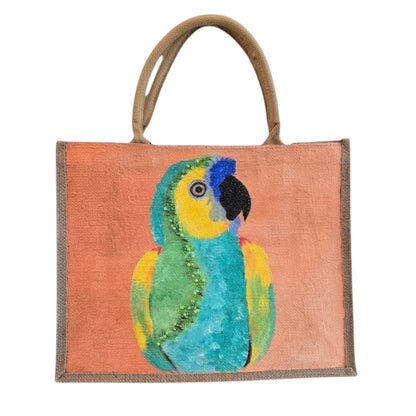 parrot on orange tote bag, tropical parrot tote, hand painted parrot jute bag, eco-friendly bird tote