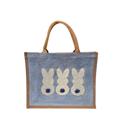 blue bunny easter tote bag, hand painted easter tote, beaded blue bunny bag, bunny market bag