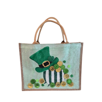 leprechaun tote bag, hand painted st patricks tote, beaded green tote bag, st patricks gift bag