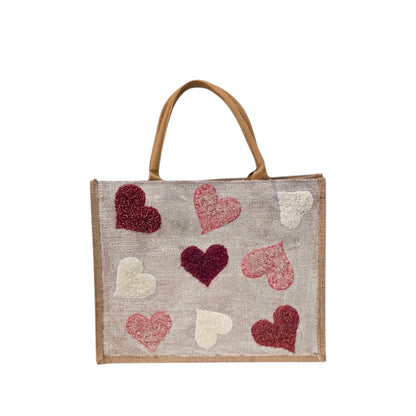 red pink white hearts tote bag, metallic off-white tote bag, beaded hearts jute bag, eco-friendly heart tote, valentines day tote