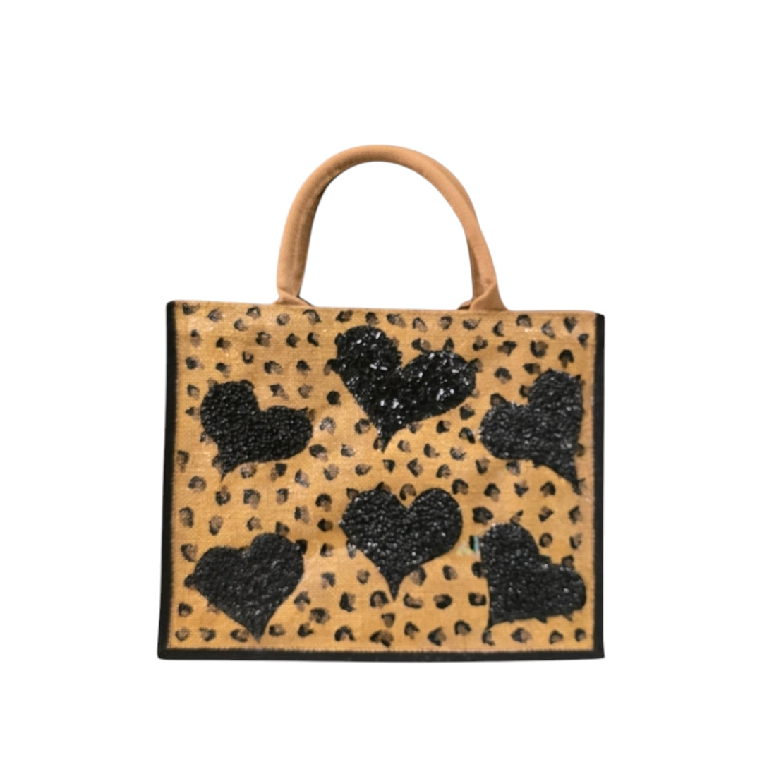 Leopard-Print-Tote-Bag, Black-Beaded-Hearts-on-Animal-Print, Artistic-Design