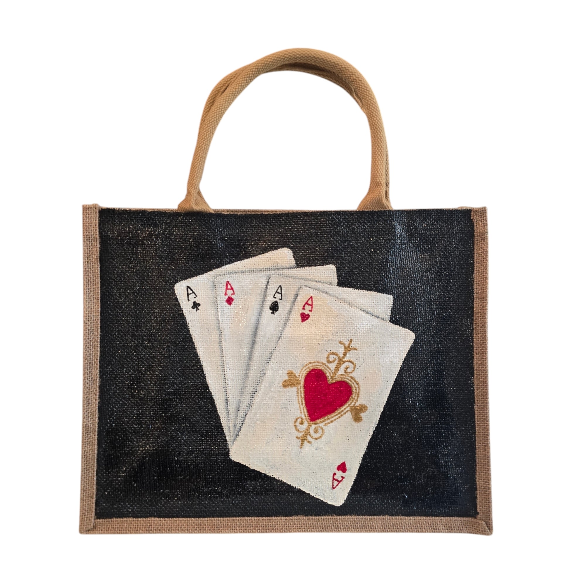 Four-Aces-Tote-Bag, Hand-Painted-Playing-Cards-with-Beads, Unique-Artistic-Design