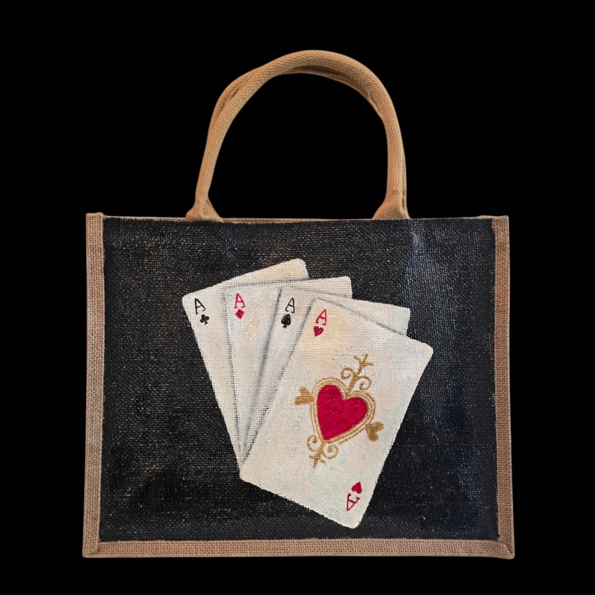 Four-Aces-Tote-Bag, Hand-Painted-Playing-Cards-with-Beads, Unique-Artistic-Design