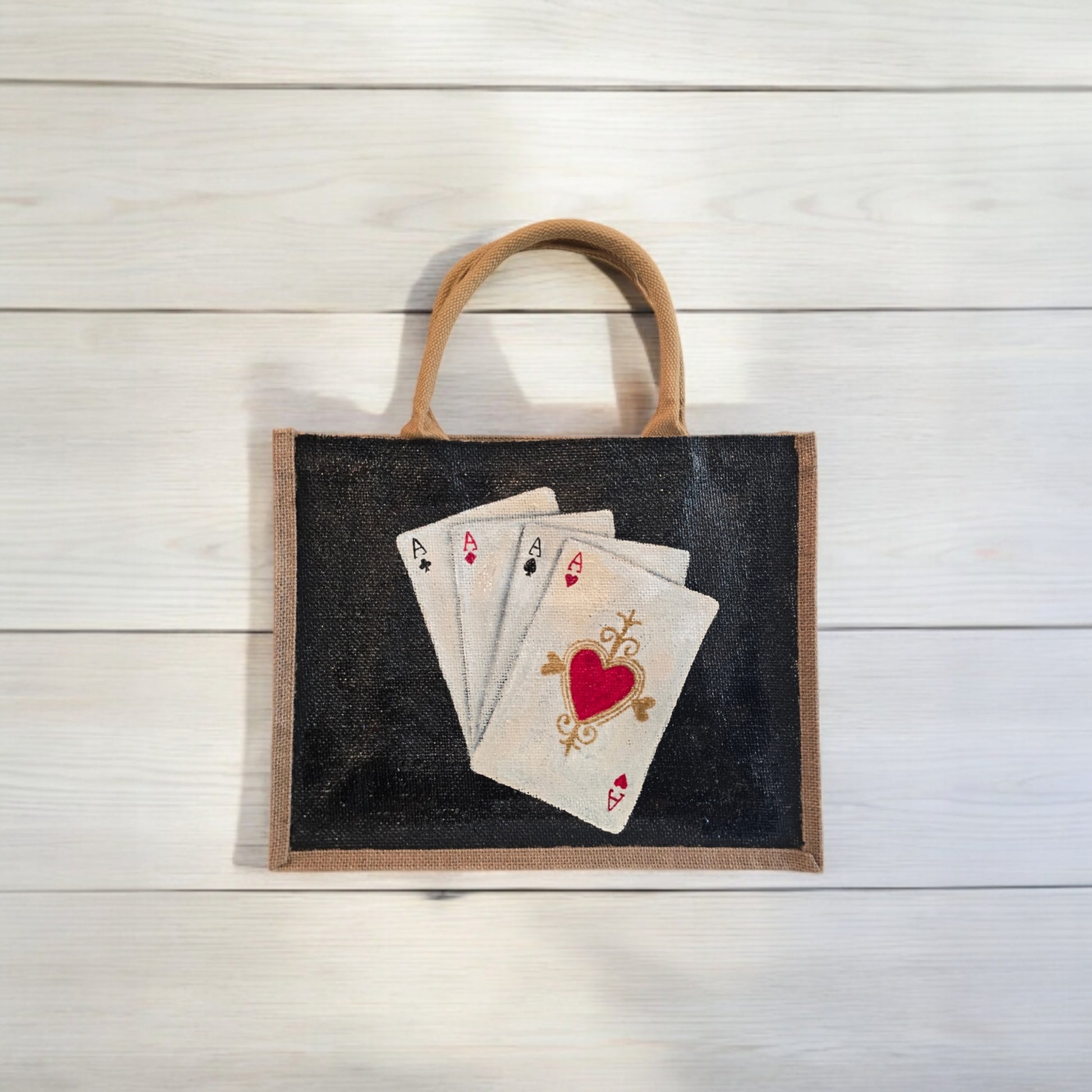 Four-Aces-Tote-Bag, Hand-Painted-Playing-Cards-with-Beads, Unique-Artistic-Design