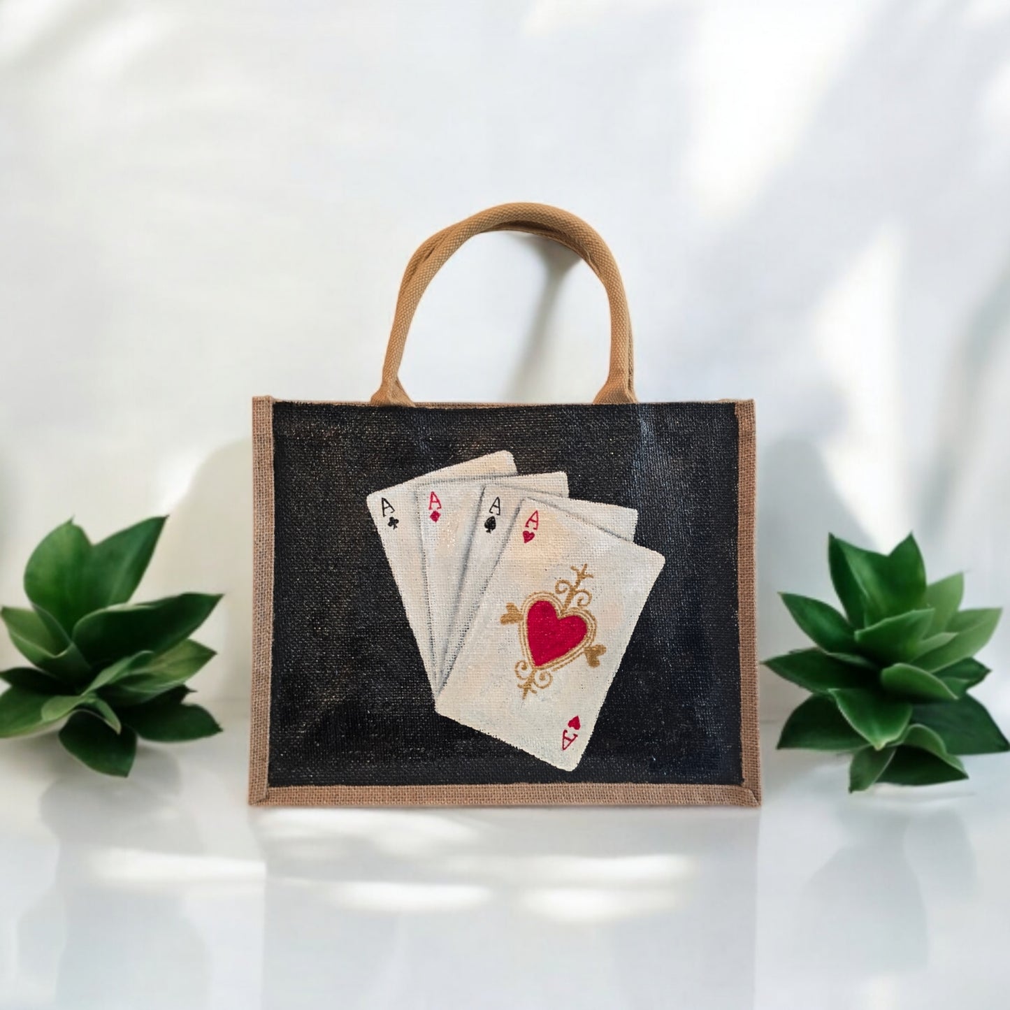 Four-Aces-Tote-Bag, Hand-Painted-Playing-Cards-with-Beads, Unique-Artistic-Design