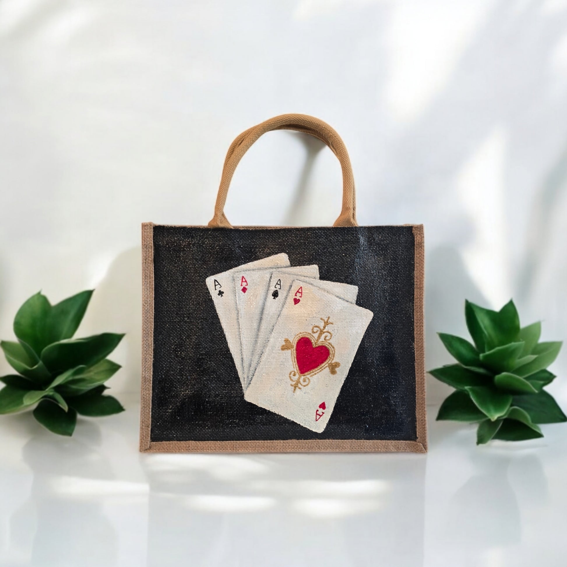 Four-Aces-Tote-Bag, Hand-Painted-Playing-Cards-with-Beads, Unique-Artistic-Design