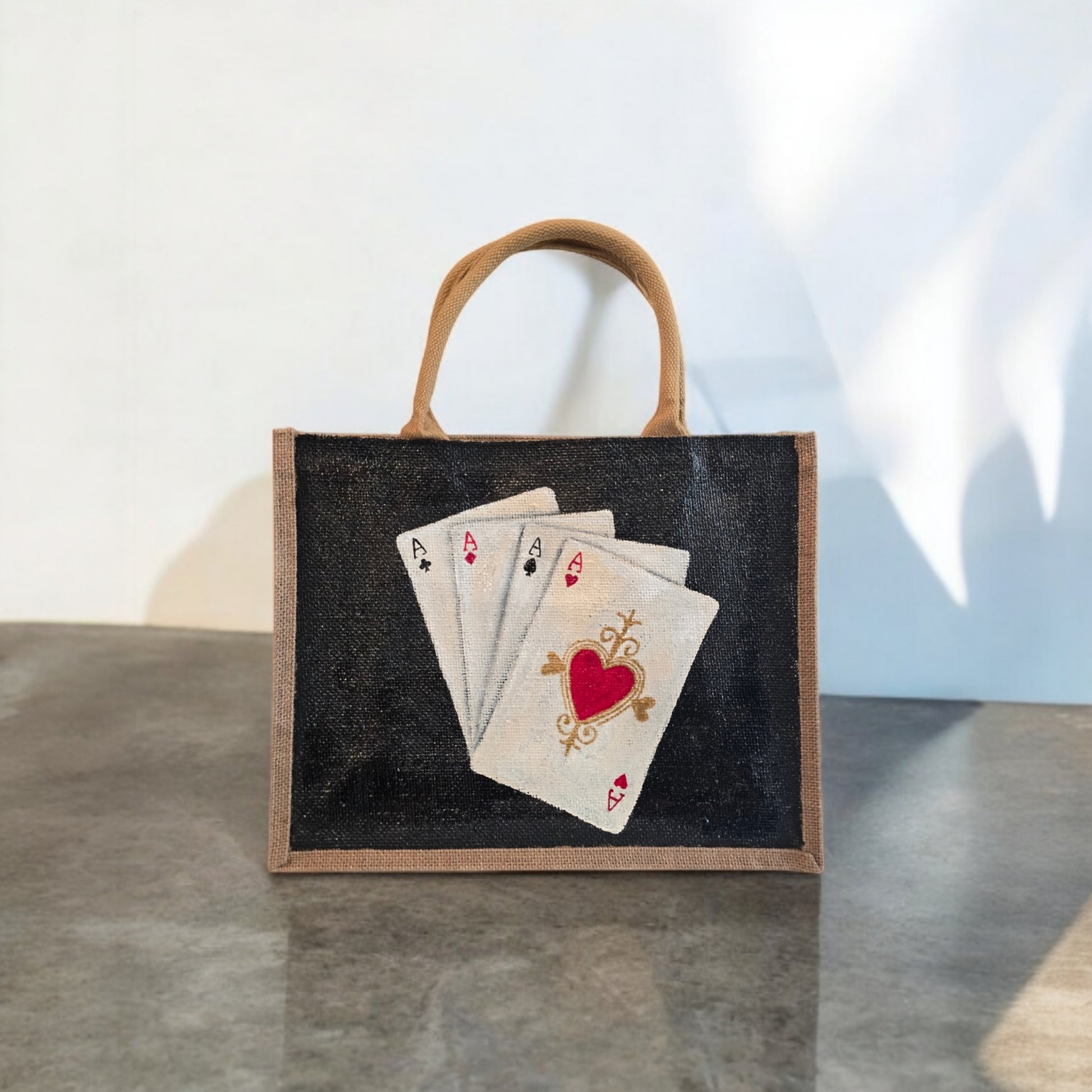 Four-Aces-Tote-Bag, Hand-Painted-Playing-Cards-with-Beads, Unique-Artistic-Design
