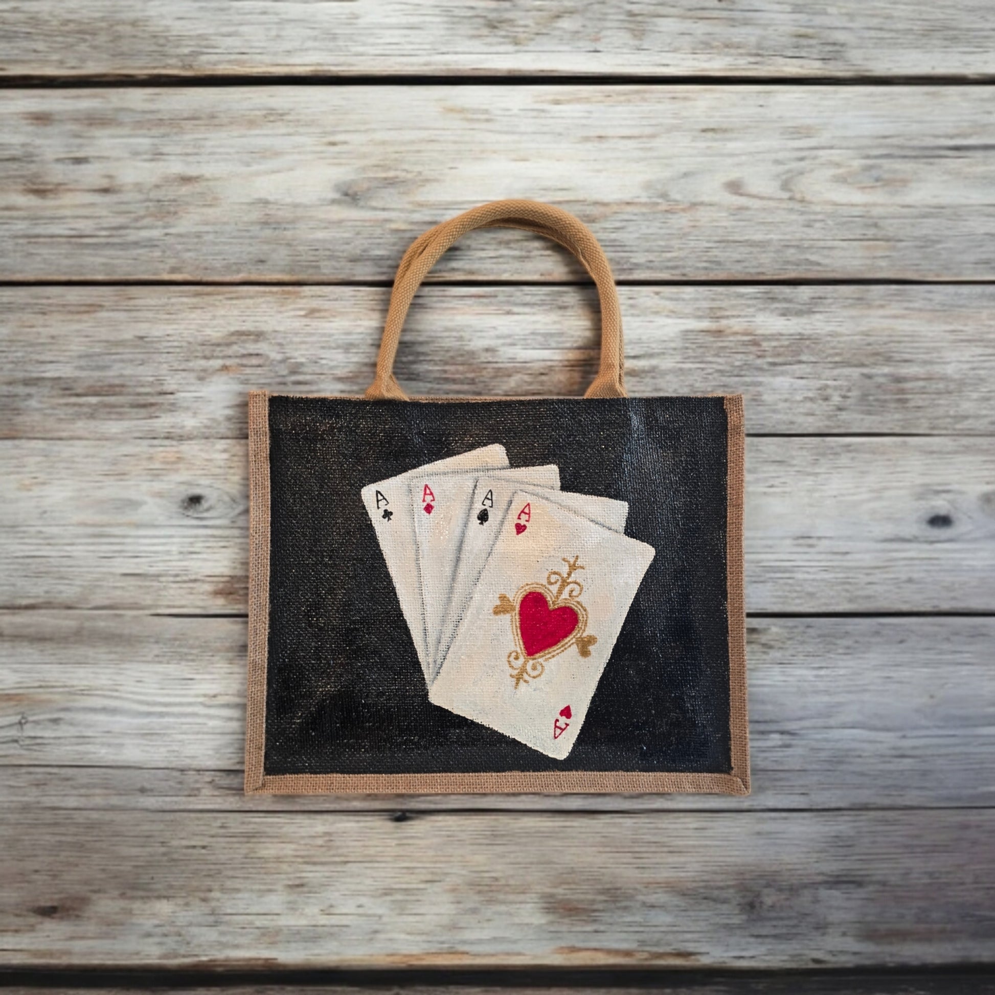 Four-Aces-Tote-Bag, Hand-Painted-Playing-Cards-with-Beads, Unique-Artistic-Design