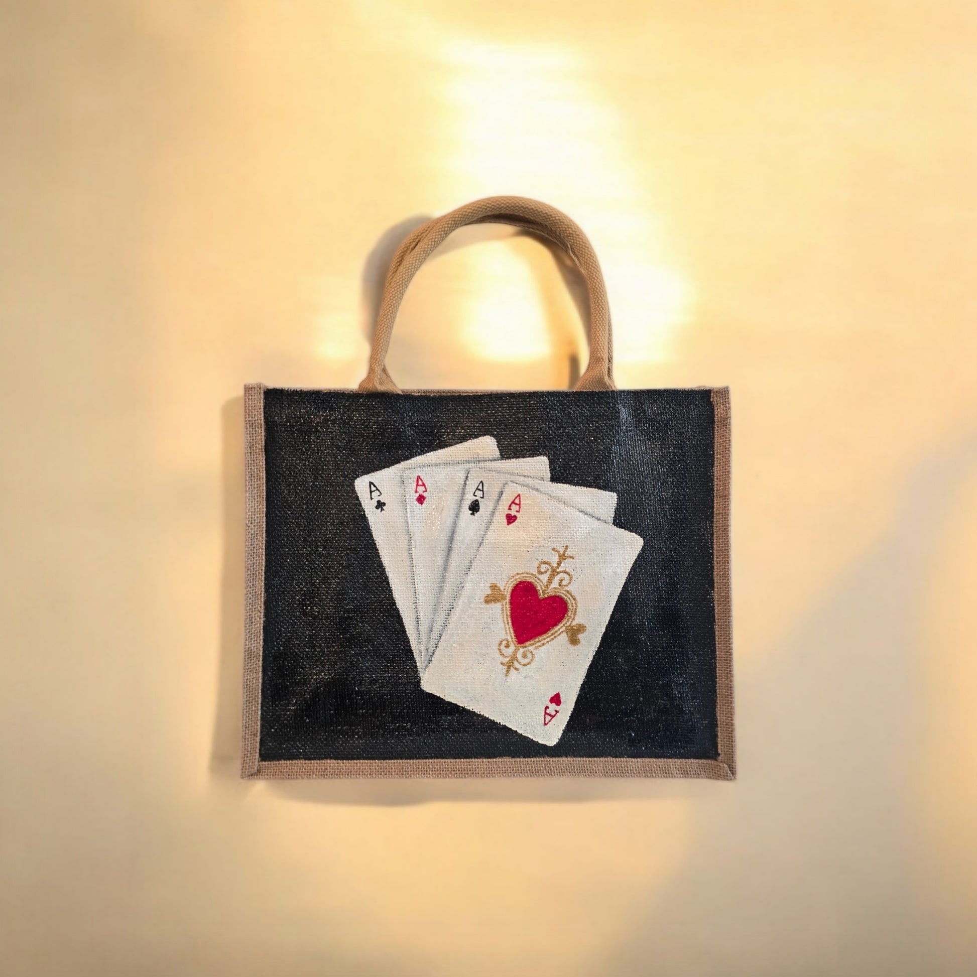 Four-Aces-Tote-Bag, Hand-Painted-Playing-Cards-with-Beads, Unique-Artistic-Design
