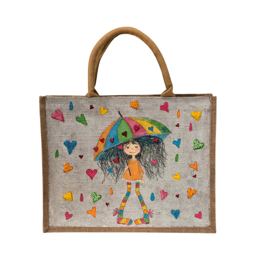 raining hearts tote bag, hearts tote bag, beaded hearts jute bag, eco-friendly heart tote, off white tote bag