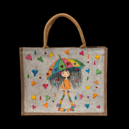 raining hearts tote bag, hearts tote bag, beaded hearts jute bag, eco-friendly heart tote, off white tote bag