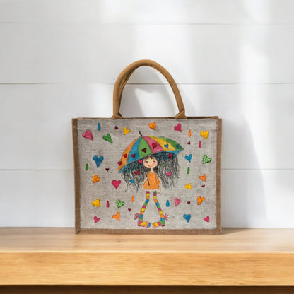 raining hearts tote bag, hearts tote bag, beaded hearts jute bag, eco-friendly heart tote, off white tote bag