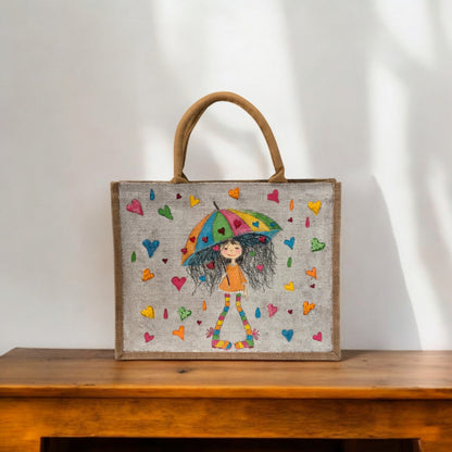 raining hearts tote bag, hearts tote bag, beaded hearts jute bag, eco-friendly heart tote, off white tote bag
