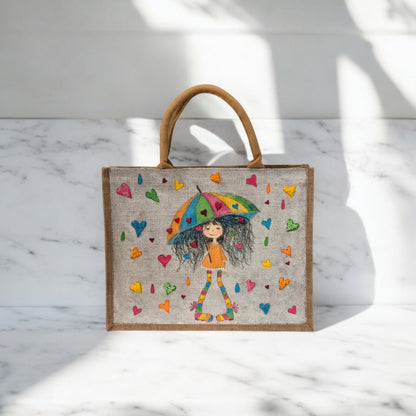 raining hearts tote bag, hearts tote bag, beaded hearts jute bag, eco-friendly heart tote, off white tote bag