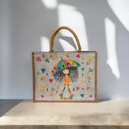 raining hearts tote bag, hearts tote bag, beaded hearts jute bag, eco-friendly heart tote, off white tote bag