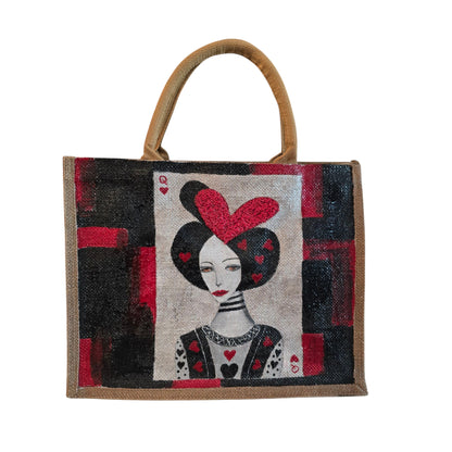 Black jute tote bag with hand-painted Queen of Hearts playing card design and decorative beading.