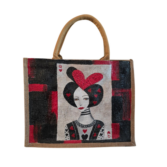 Black jute tote bag with hand-painted Queen of Hearts playing card design and decorative beading.