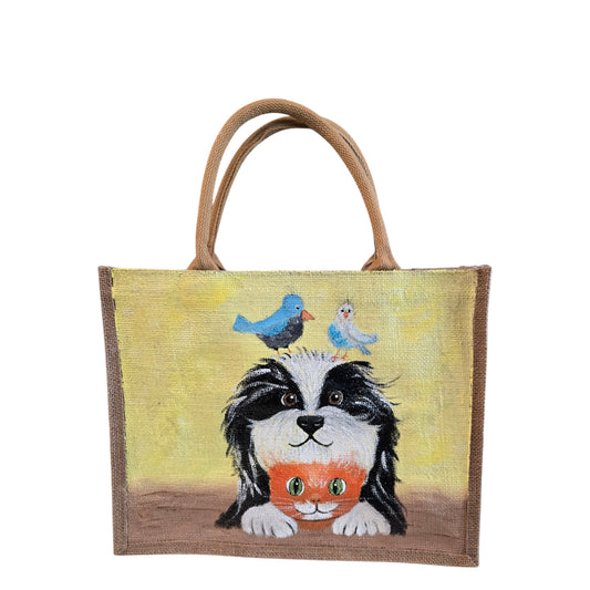 Best-Buds-Tote-Bag, Hand-Painted-Dog-Cat-and-Bird-with-Beads, Artistic-Design