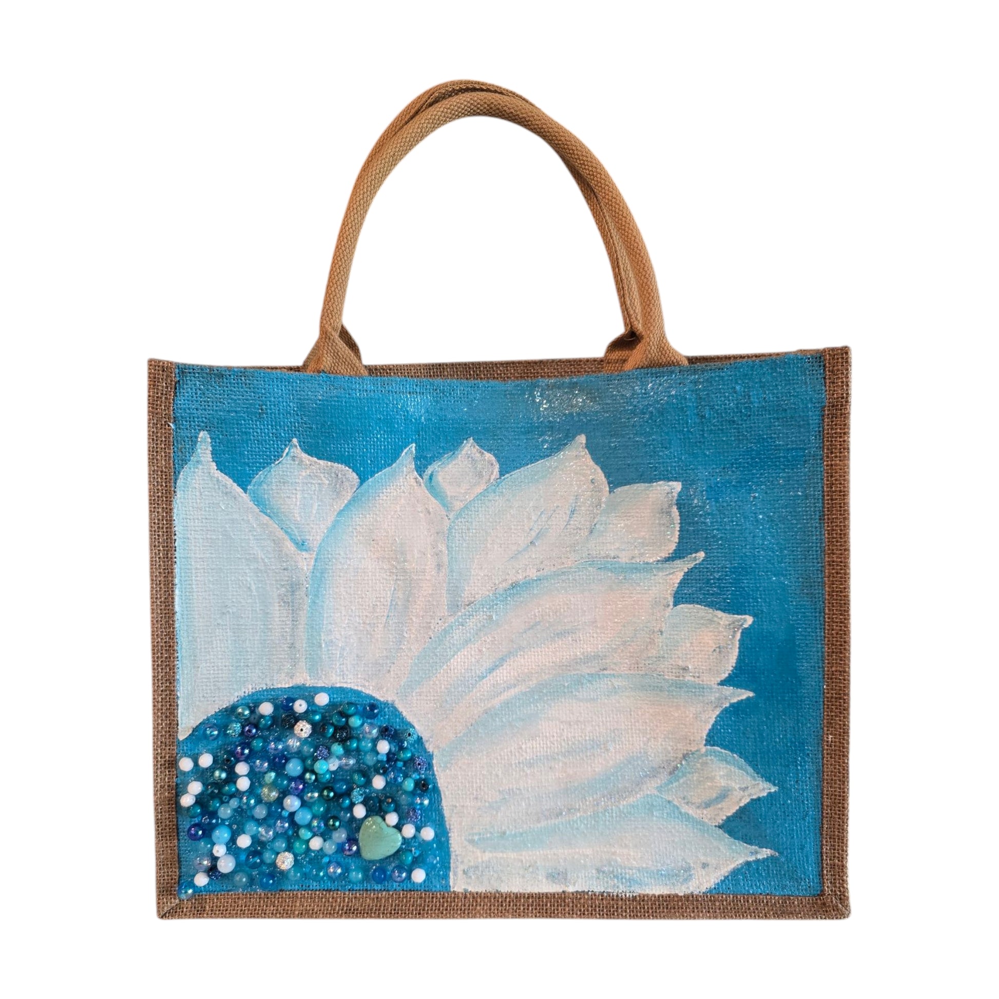 Turquoise-and-White-Sunflower-Tote-Bag, Hand-Painted-with-Beads-and-Charm, Artistic-Design