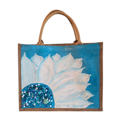 turquoise sunflower tote bag, floral market tote, eco-friendly jute tote, hand painted sunflower bag