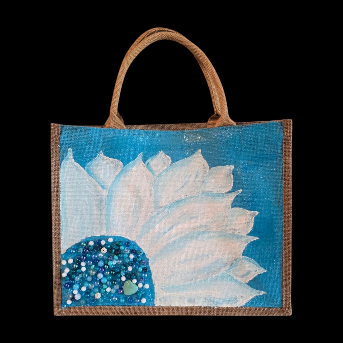Turquoise-and-White-Sunflower-Tote-Bag, Hand-Painted-with-Beads-and-Charm, Artistic-Design
