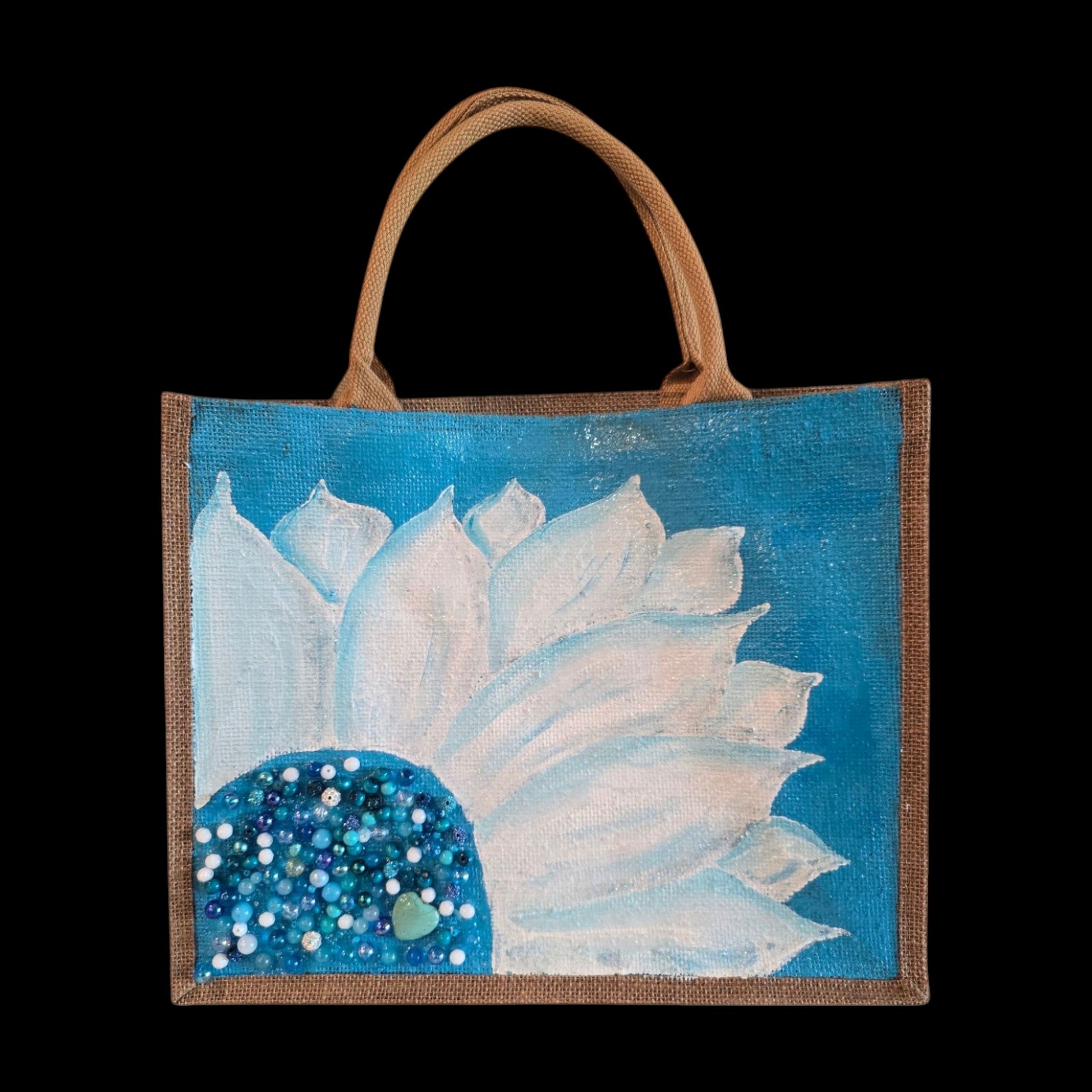 Turquoise-and-White-Sunflower-Tote-Bag, Hand-Painted-with-Beads-and-Charm, Artistic-Design