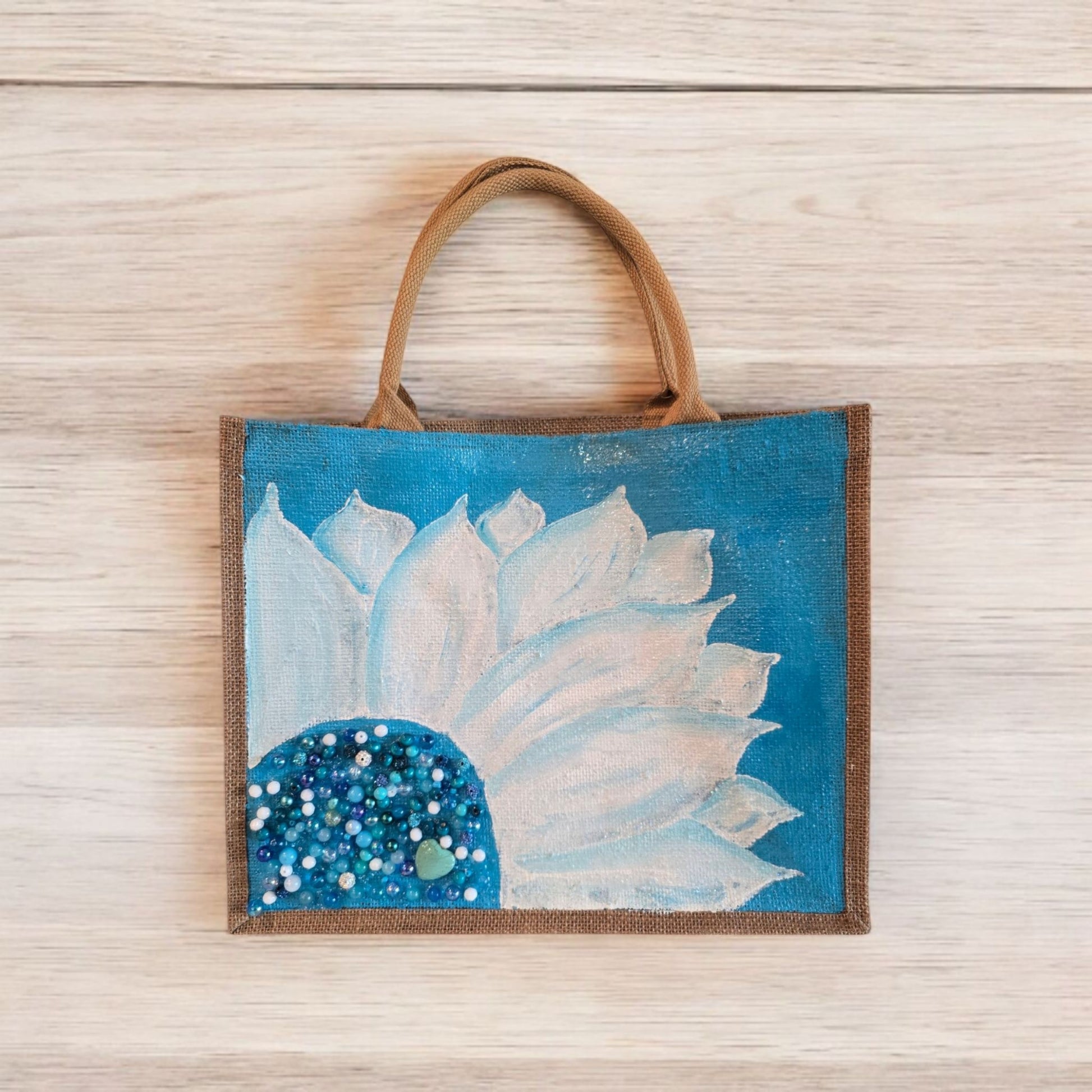 Turquoise-and-White-Sunflower-Tote-Bag, Hand-Painted-with-Beads-and-Charm, Artistic-Design