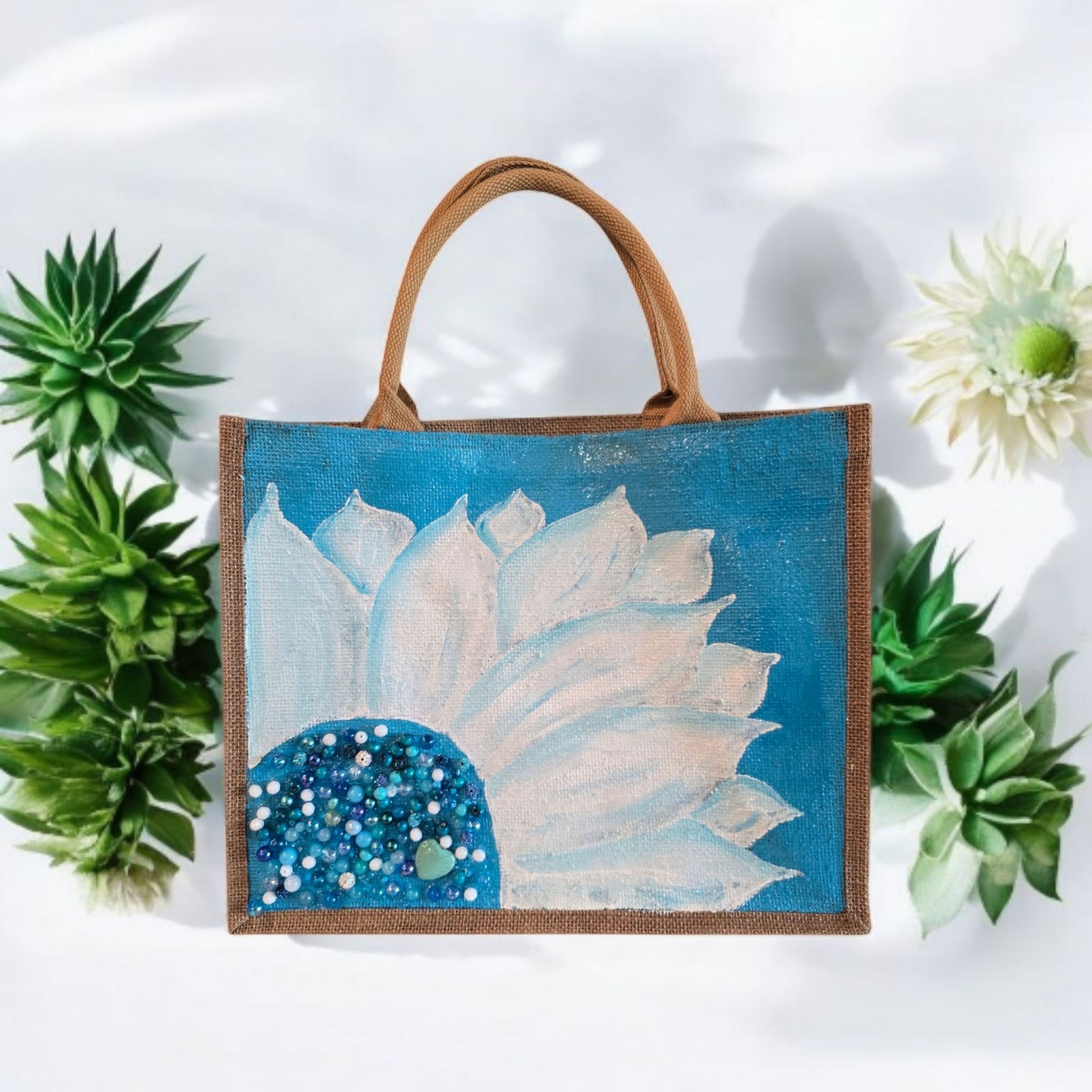 Turquoise-and-White-Sunflower-Tote-Bag, Hand-Painted-with-Beads-and-Charm, Artistic-Design
