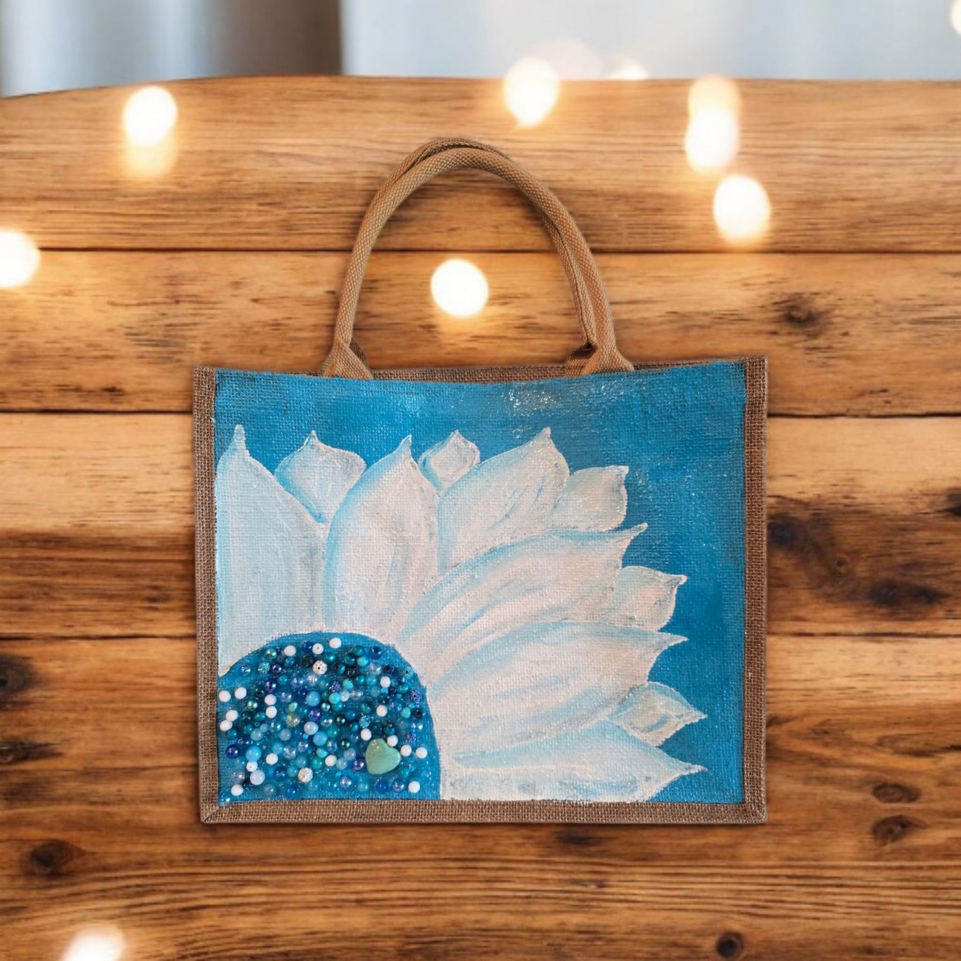 Turquoise-and-White-Sunflower-Tote-Bag, Hand-Painted-with-Beads-and-Charm, Artistic-Design