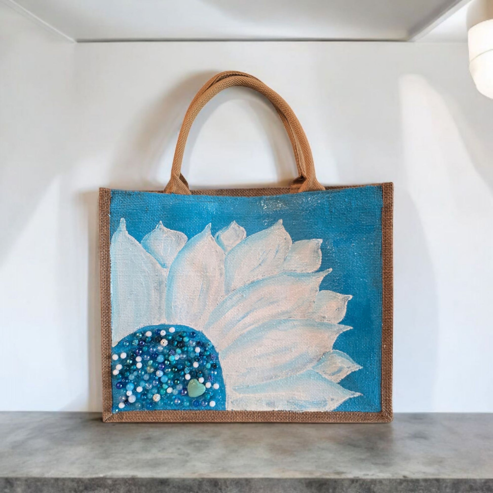 Turquoise-and-White-Sunflower-Tote-Bag, Hand-Painted-with-Beads-and-Charm, Artistic-Design
