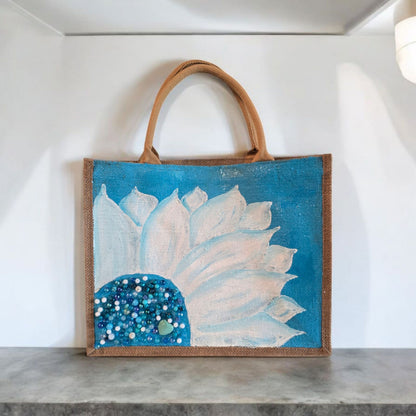turquoise sunflower tote bag, floral market tote, eco-friendly jute tote, hand painted sunflower bag
