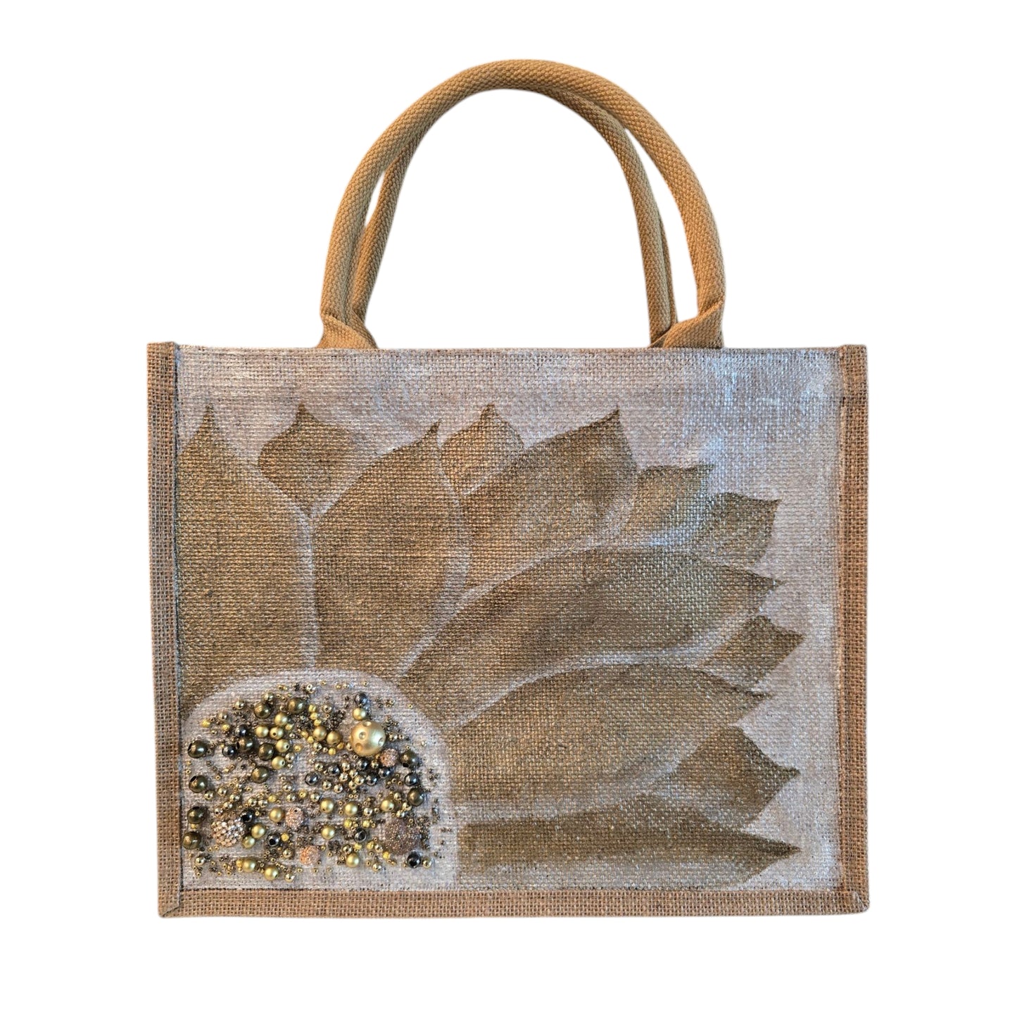 Bronze-Sunflower-Tote-Bag, Hand-Painted-with-Beads-and-Charms, Artistic-Design