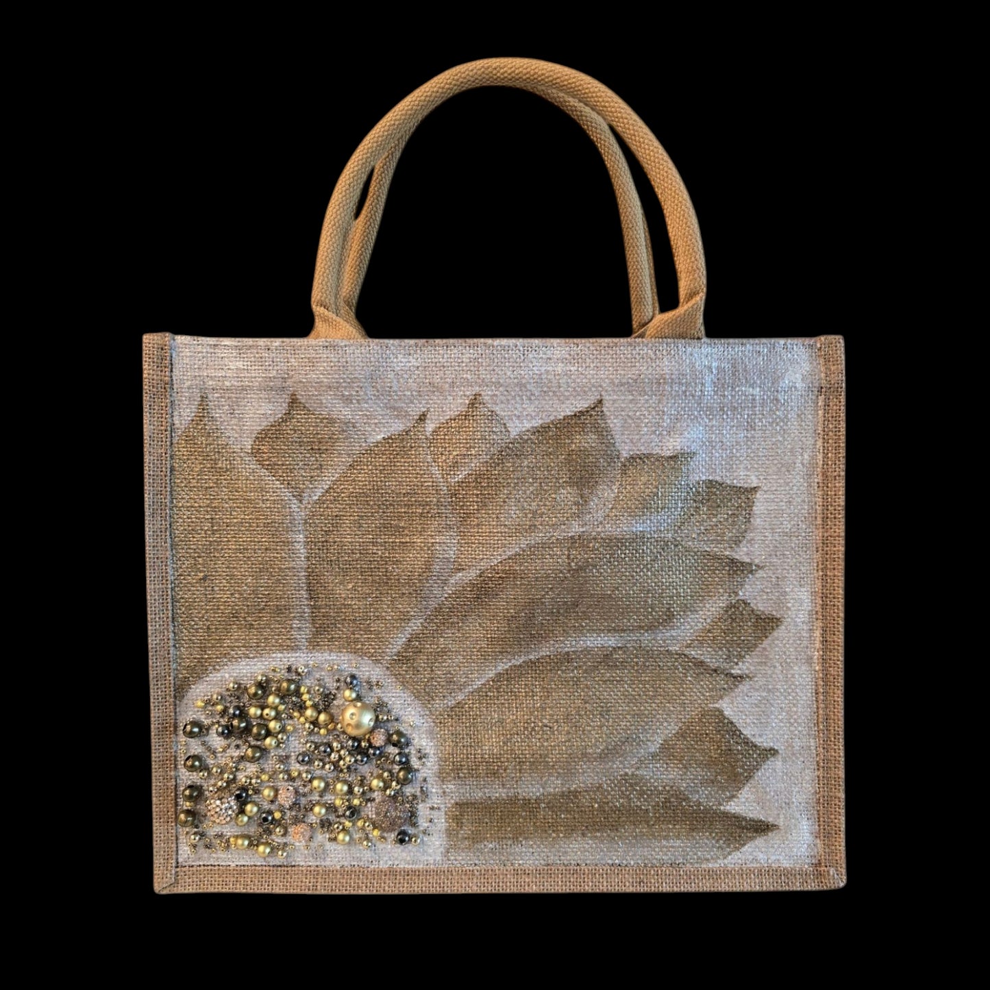 Bronze-Sunflower-Tote-Bag, Hand-Painted-with-Beads-and-Charms, Artistic-Design