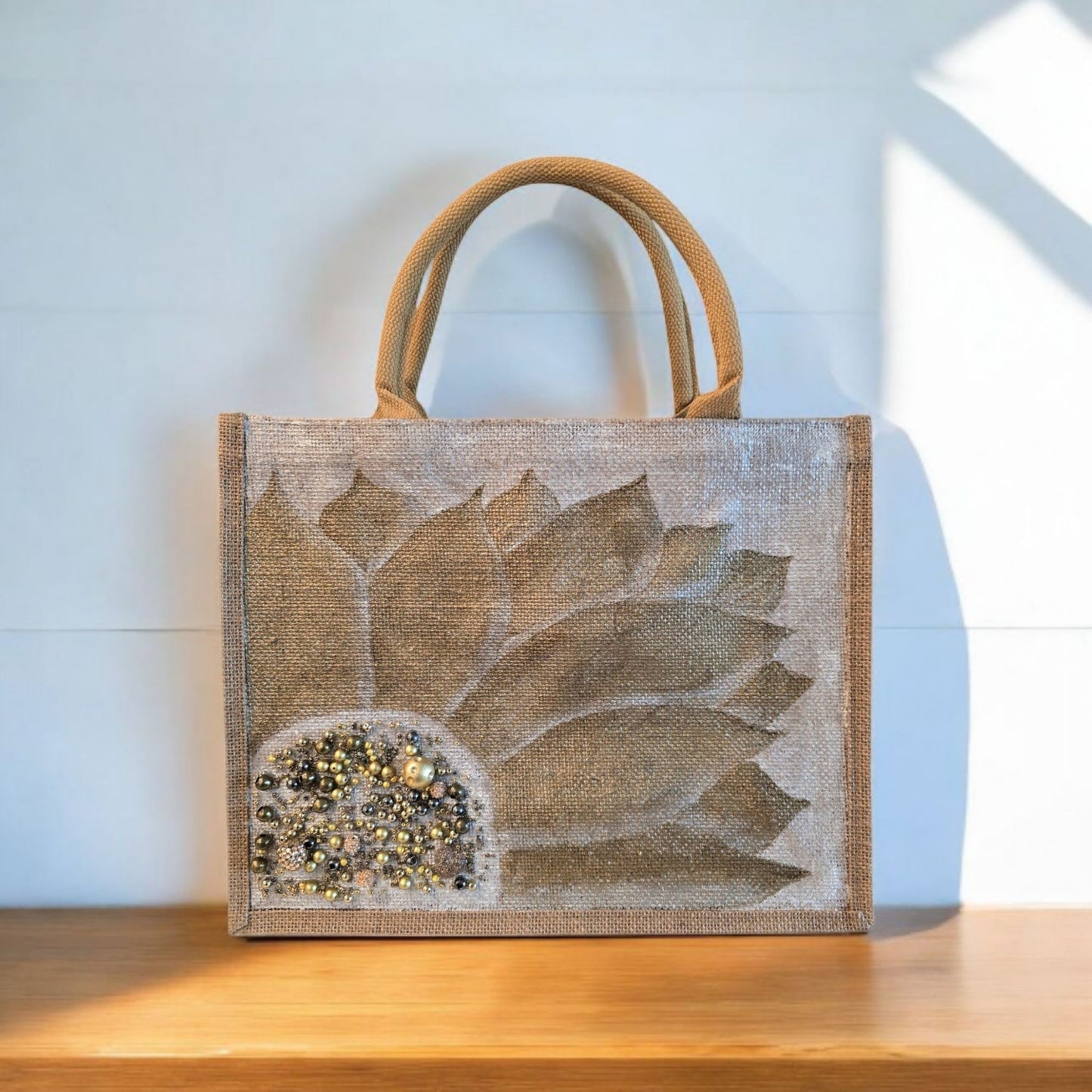 Bronze-Sunflower-Tote-Bag, Hand-Painted-with-Beads-and-Charms, Artistic-Design