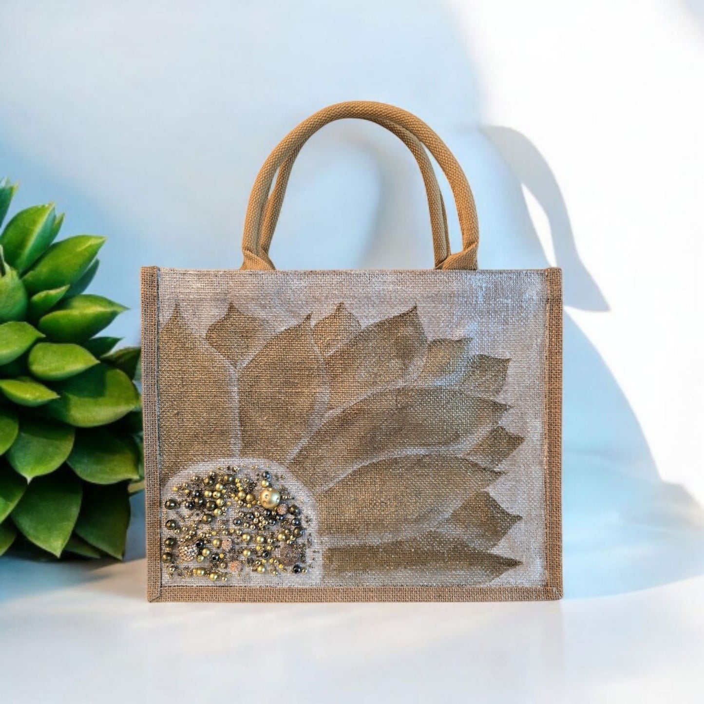 Bronze-Sunflower-Tote-Bag, Hand-Painted-with-Beads-and-Charms, Artistic-Design