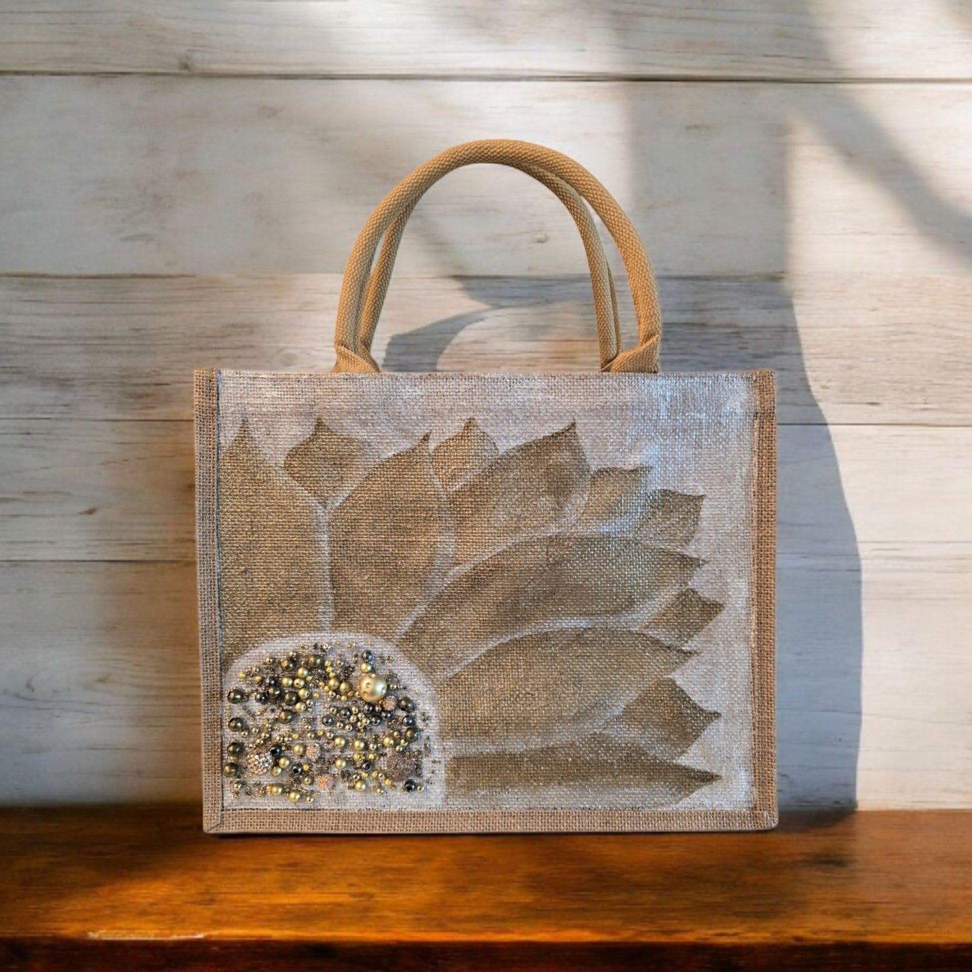 Bronze-Sunflower-Tote-Bag, Hand-Painted-with-Beads-and-Charms, Artistic-Design