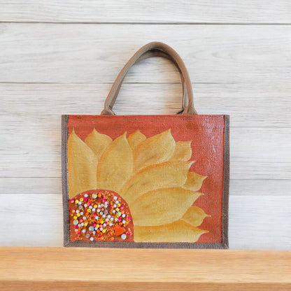 orange sunflower tote bag, floral jute tote, eco-friendly sunflower market bag, hand painted tote bag