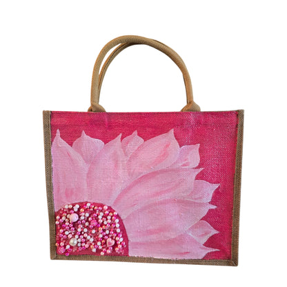 pink sunflower tote bag, floral pink tote, eco-friendly sunflower market bag, hand painted jute tote