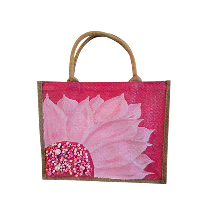 pink sunflower tote bag, floral pink tote, eco-friendly sunflower market bag, hand painted jute tote