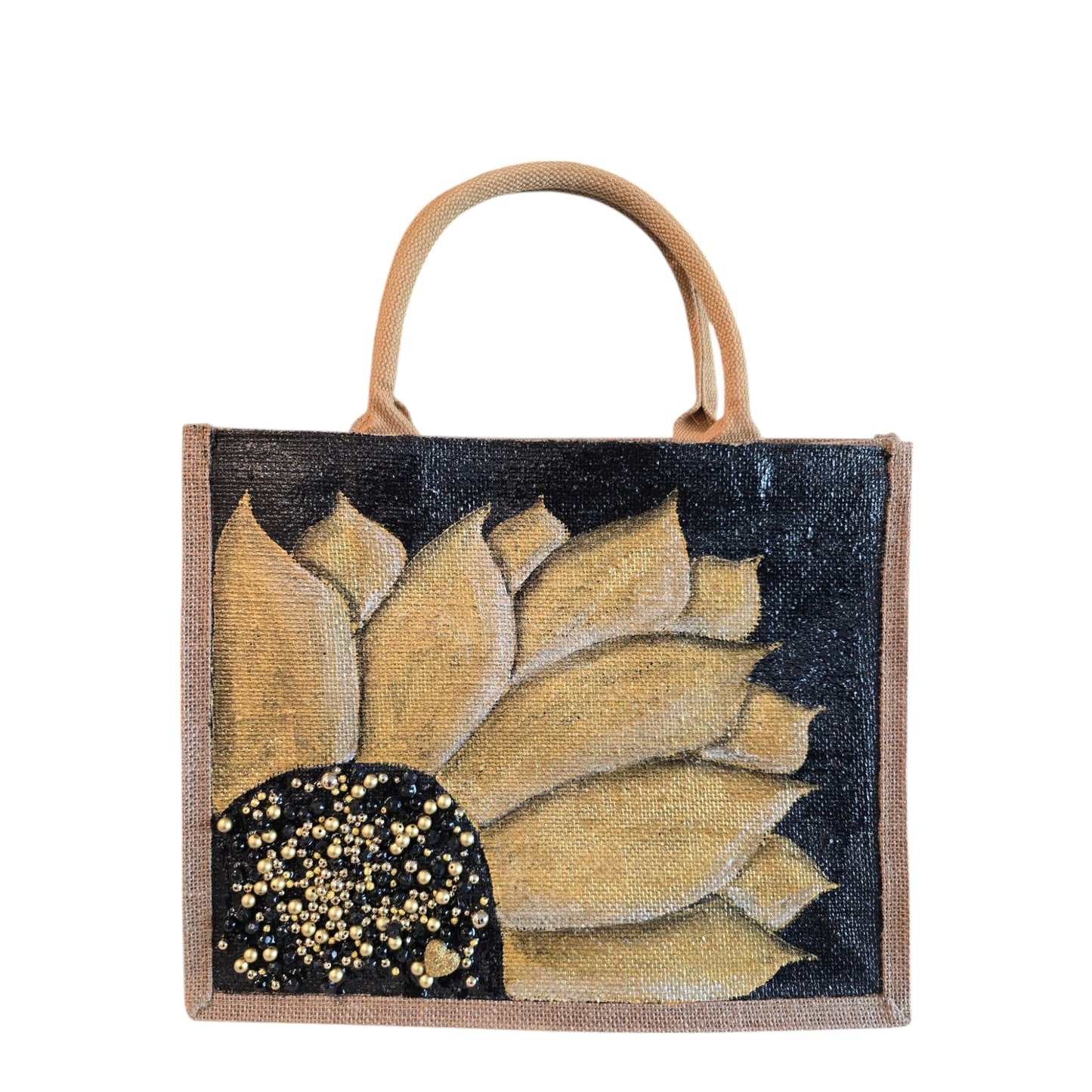 Black-and-Gold-Sunflower-Tote, Hand-Painted-with-Beads-and-Charm, Artistic-Design