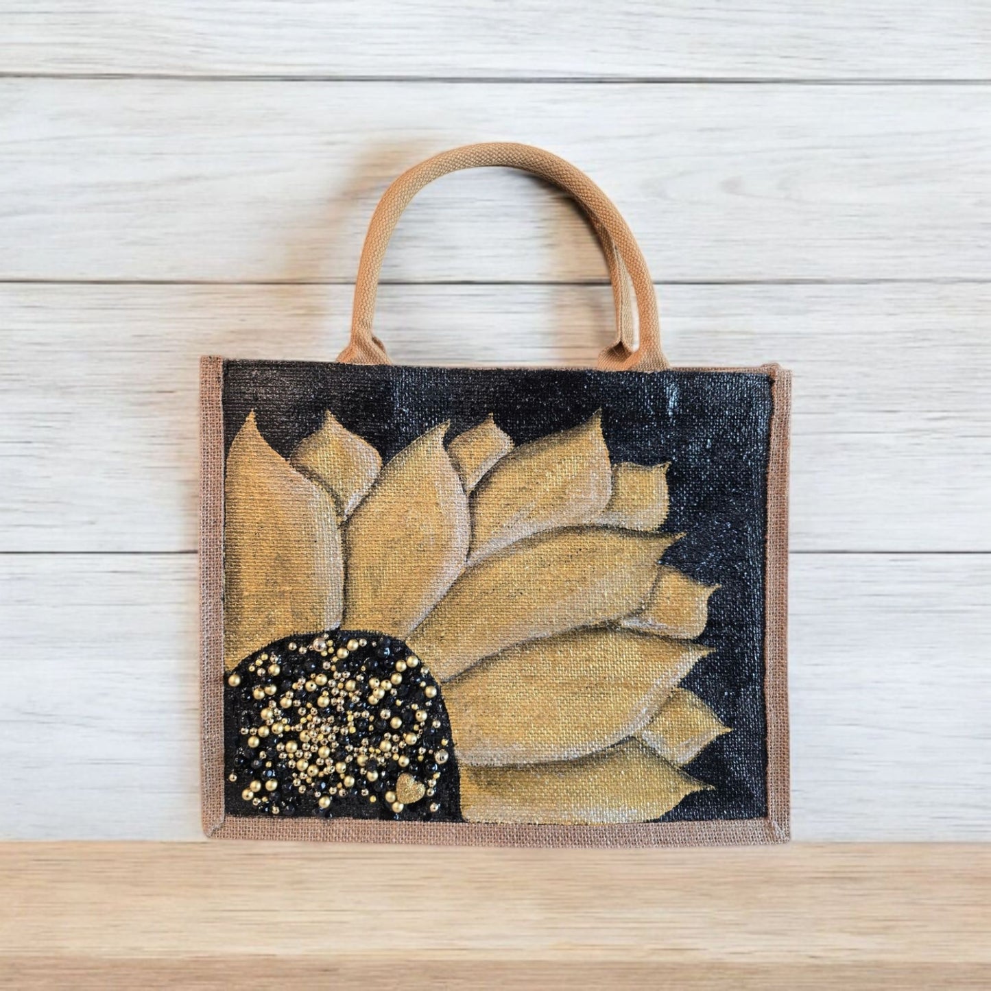 Black-and-Gold-Sunflower-Tote, Hand-Painted-with-Beads-and-Charm, Artistic-Design